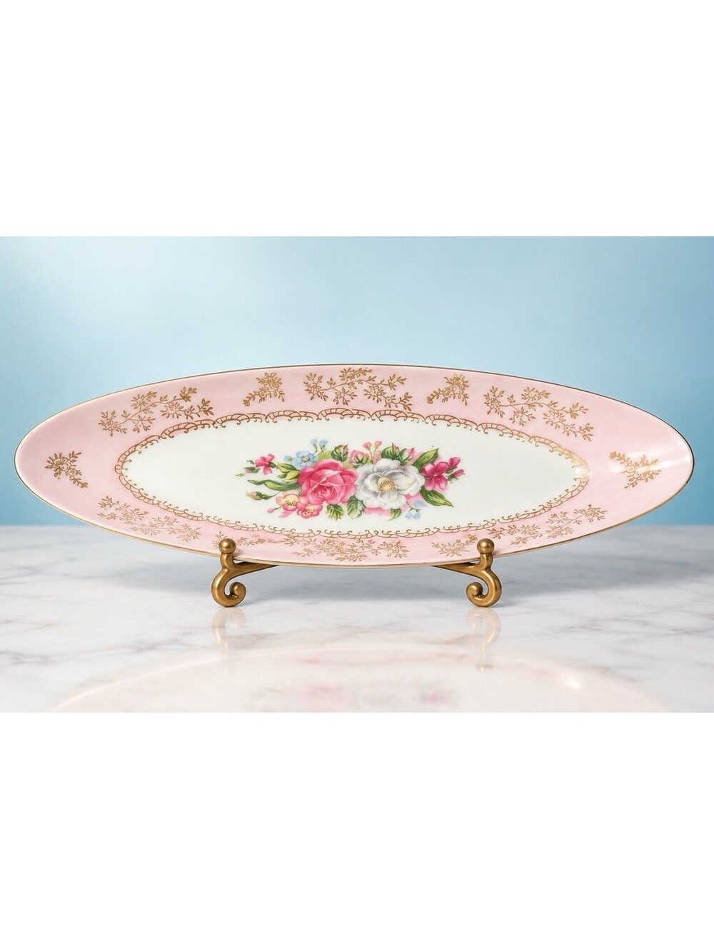 Arnart 5th Ave 1960s Oval Dish Hand Painted Pink Gold Floral Porcelain, 10x4”